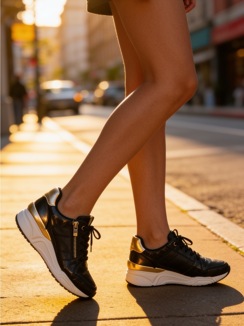 Black Leather-Look Platform Sneakers with Gold Accents size 9